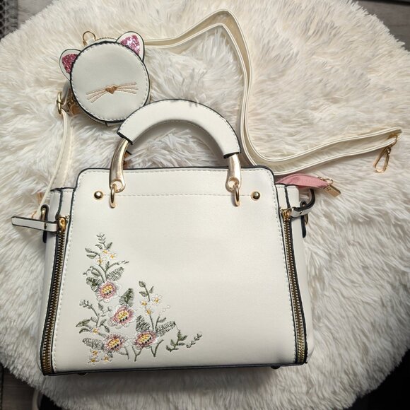 Embroidered Satchel w/ Crossbody Strap & Cat Coin Purse - White Faux Leather - Picture 3 of 12